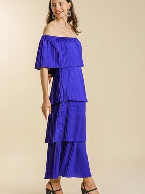 Umgee Off-Shoulder Tiered Pleated Maxi Dress in Royal Blue